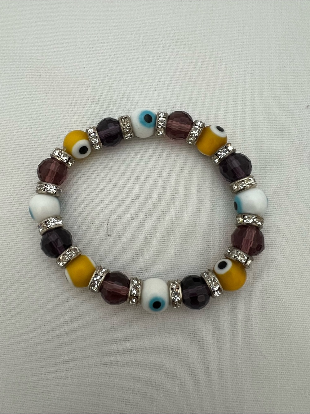 Handcrafted Yellow, White & Purple Beaded Evil Eye Stretch Bracelet